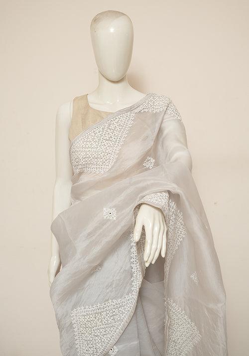 Light Grey Organza Saree with Kutch and Mirror Work