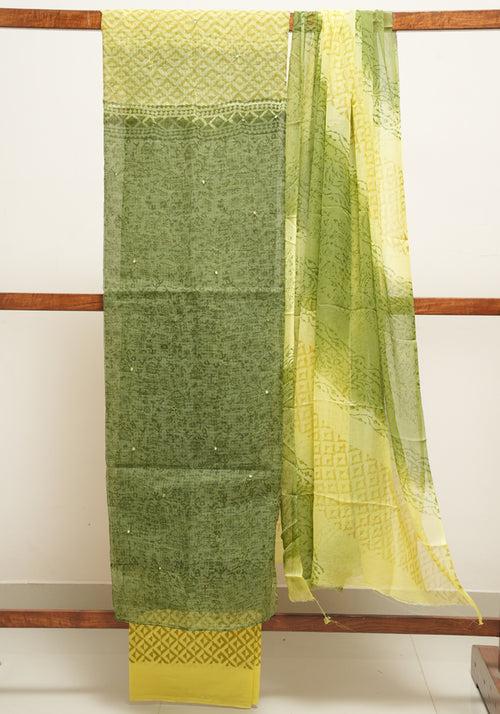 Mehandi Green and Lemon Yellow Unstitched Kota Salwar set