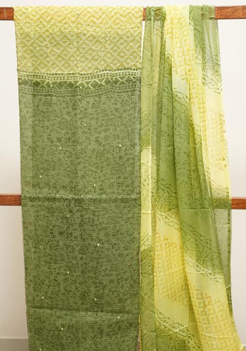 Mehandi Green and Lemon Yellow Unstitched Kota Salwar set