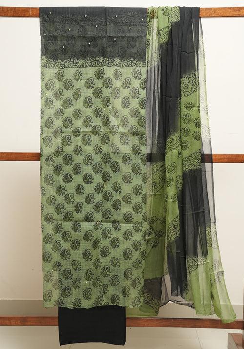 Green and Black Unstitched Kota Salwar set