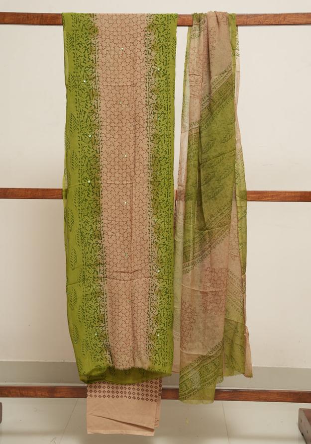 Parrot Green and Light Brown Unstitched Georgette Salwar Set