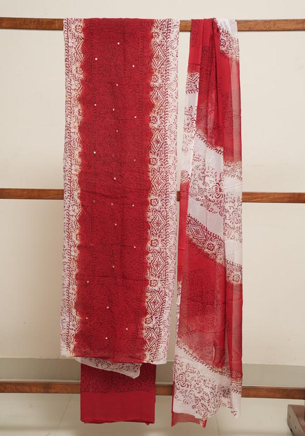 White and Red Unstitched Georgette Salwar Set