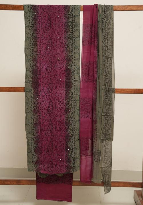 Grey and Jamun Red Unstitched Georgette Salwar Set