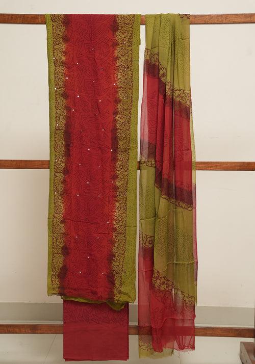 Mehandi Green and Rust Red Unstitched Georgette Salwar Set