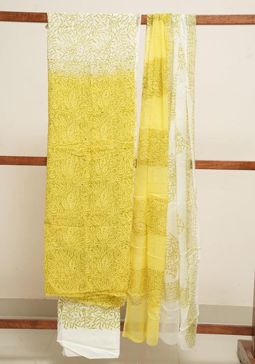 Lemon Yellow and White Unstitched Georgette Salwar Set