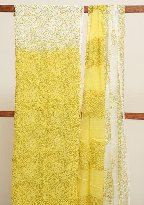 Lemon Yellow and White Unstitched Georgette Salwar Set