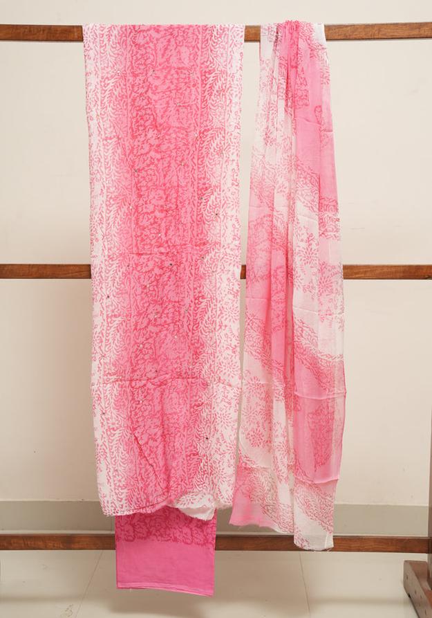 White and Pink Unstitched Georgette Salwar Set