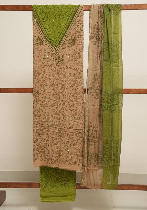 Light Brown and Parrot Green Unstitched Georgette Salwar Set