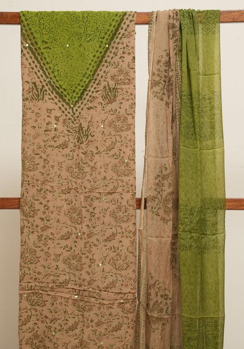 Light Brown and Parrot Green Unstitched Georgette Salwar Set