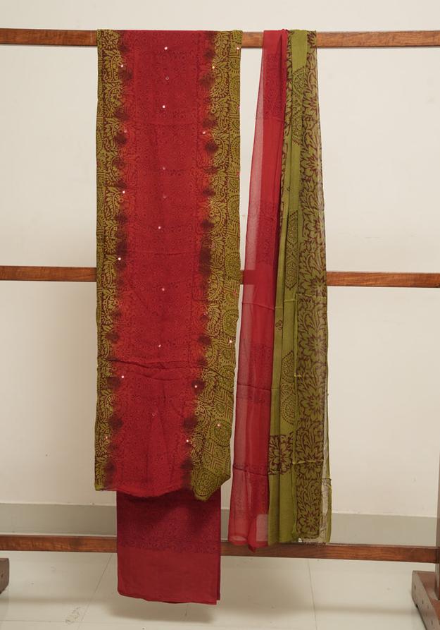 Mehandi Green and Rust Red Unstitched Georgette Salwar Set