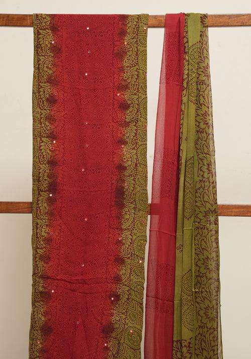 Mehandi Green and Rust Red Unstitched Georgette Salwar Set