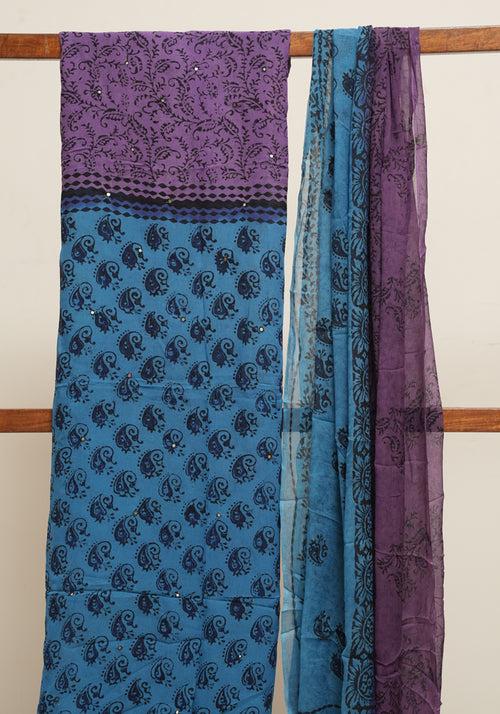 Electric Blue and Purple Unstitched Georgette Salwar Set