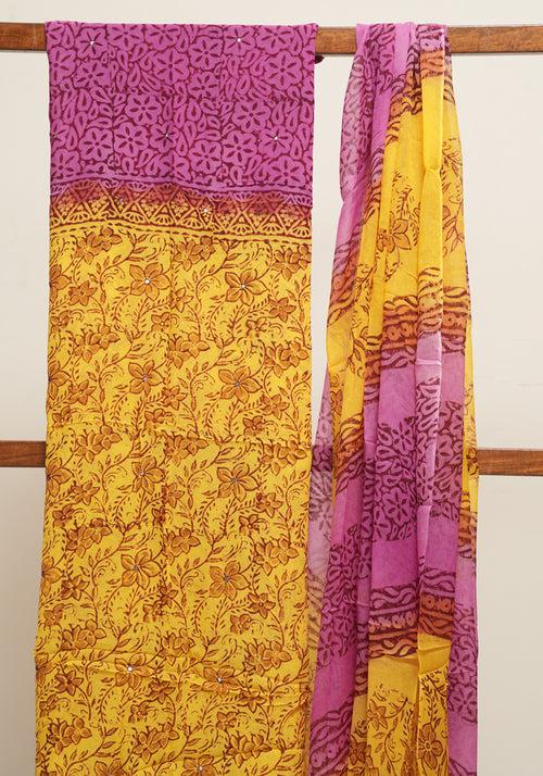 Yellow and Purple Unstitched Georgette Salwar Set