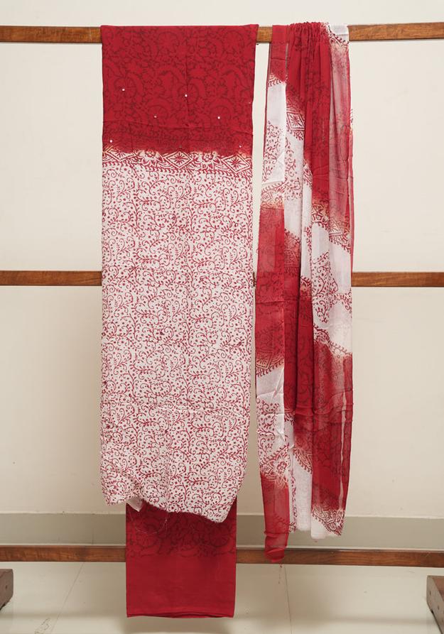 White and Red Unstitched Georgette Salwar Set