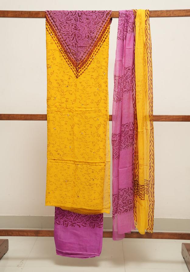 Mango Yellow and Purple Unstitched Georgette Salwar Set