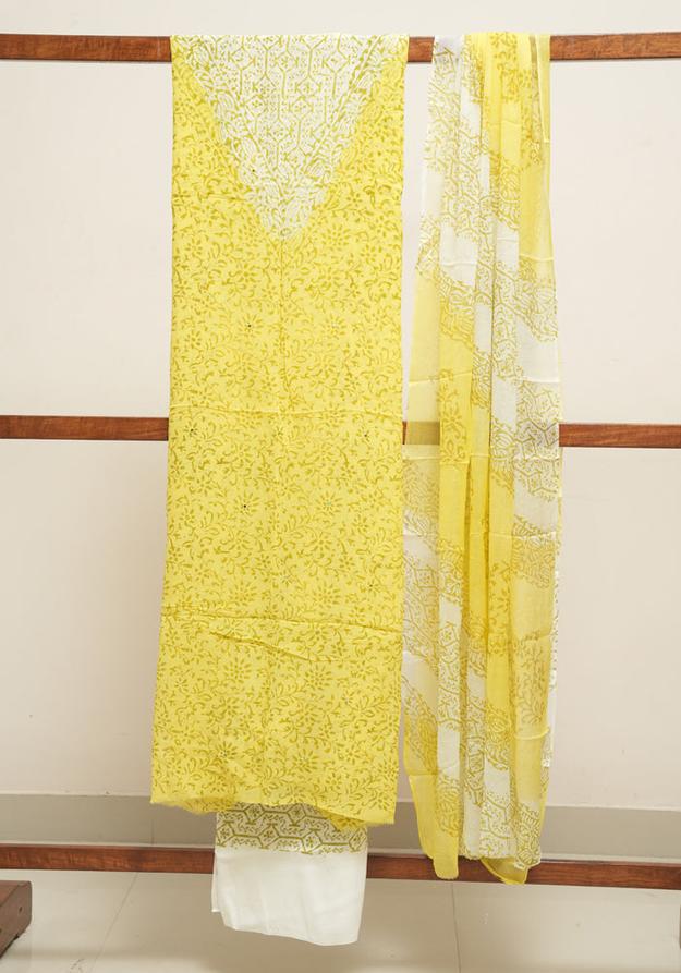 Lemon Yellow and White Unstitched Georgette Salwar Set