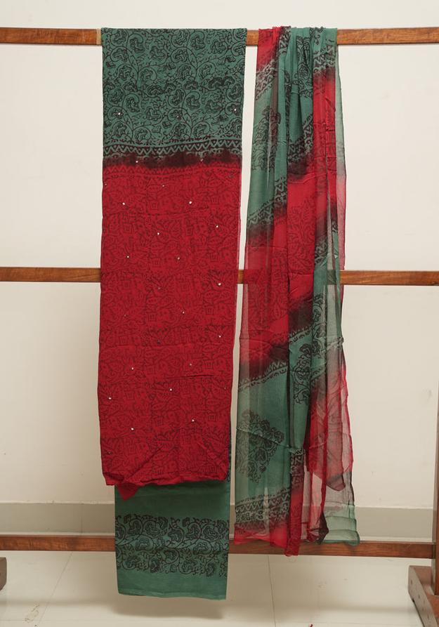 Red and Teal Green Unstitched Georgette Salwar Set