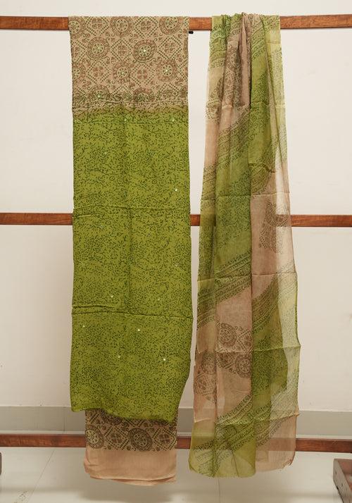 Parrot Green and Light Brown Unstitched Georgette Salwar Set