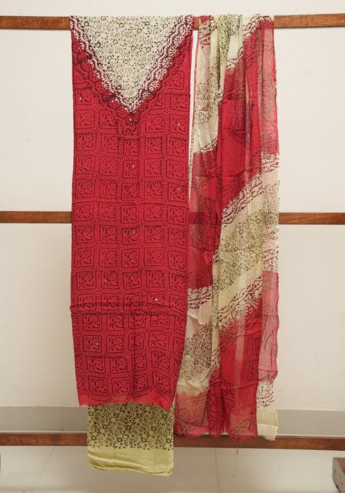 Red and Beige Unstitched Georgette Salwar Set