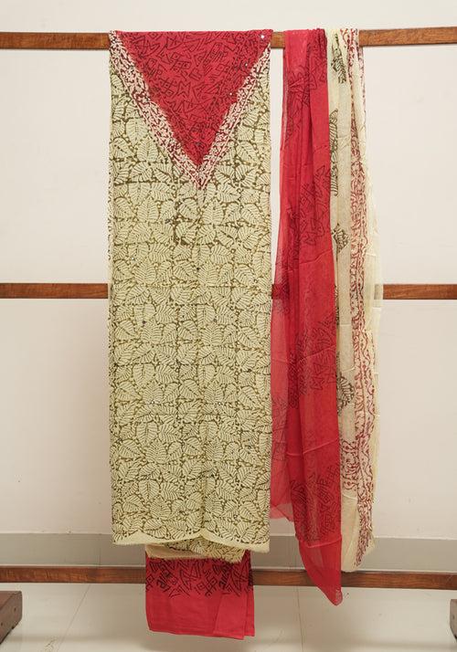 Beige and Rust Red Unstitched Georgette Salwar Set