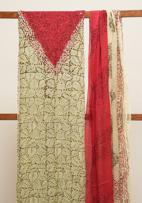 Beige and Rust Red Unstitched Georgette Salwar Set