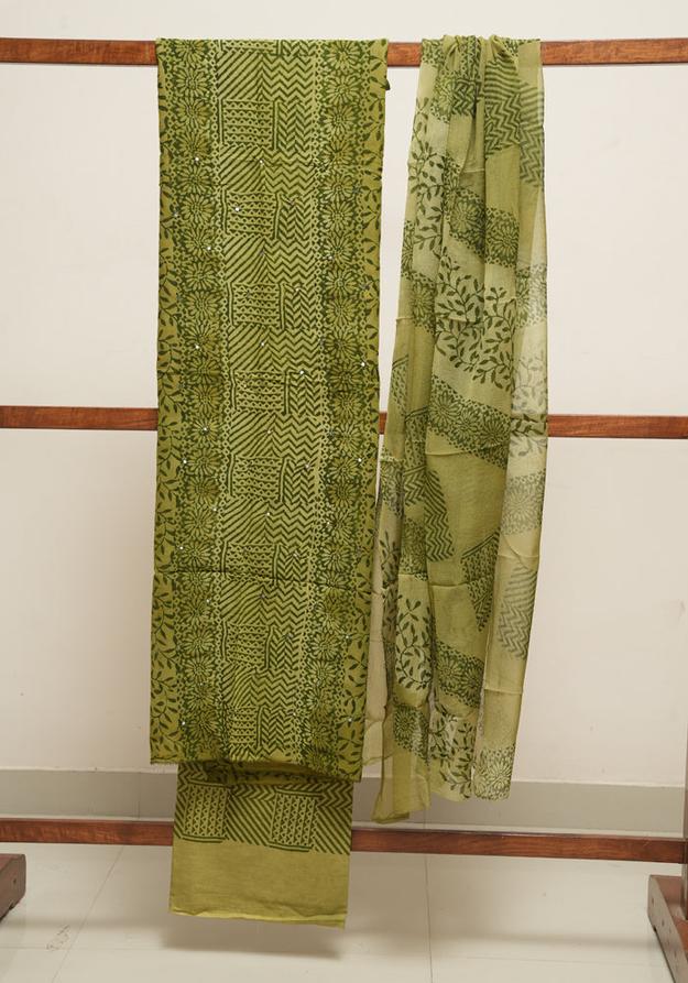 Mehandi Green and Light Green Unstitched Georgette Salwar Set