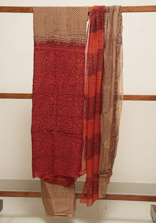 Rust Red and Light Brown Unstitched Georgette Salwar Set