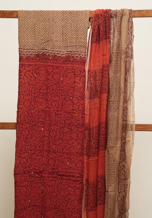 Rust Red and Light Brown Unstitched Georgette Salwar Set