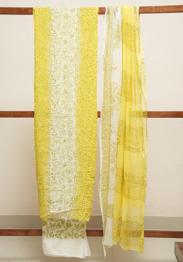 Lemon Yellow and White Unstitched Georgette Salwar Set