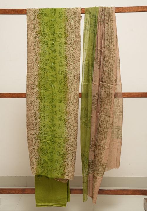 Light Brown and Parrot Green Unstitched Georgette Salwar Set