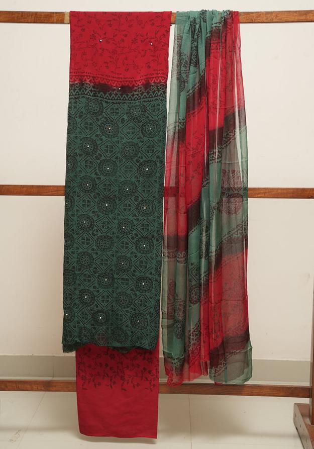 Teal Green and Red Unstitched Georgette Salwar Set