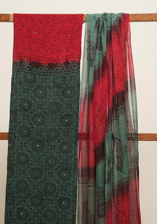 Teal Green and Red Unstitched Georgette Salwar Set