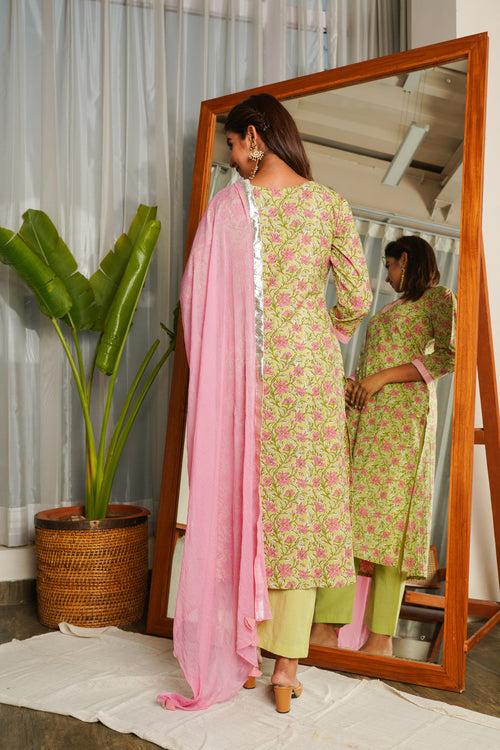 Pear Green V-Neck Cotton Printed Suit Set (Set of 3) - Regular Size