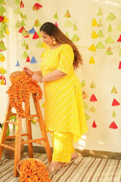 Yellow Leheriya Kurta Set