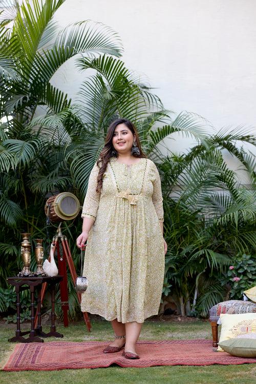 Mehendi Green Printed Georgette Dress