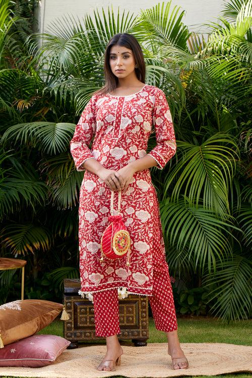 Red Floral Kurta Pant Set - Regular Size