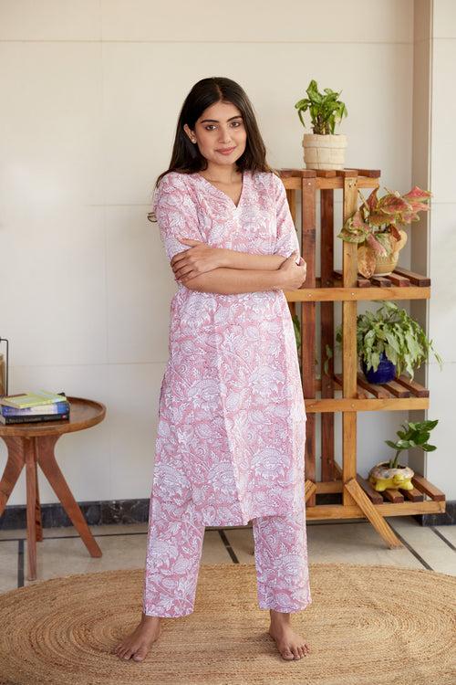 Pink Printed v Neck Straight Kurta Pant Set- Regular Size