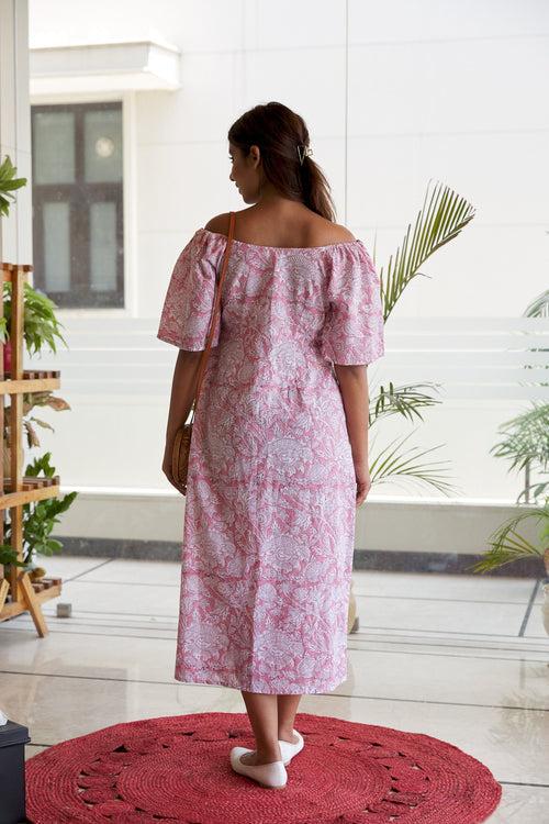 Cotton Pink Floral Printed Maxi Dress ( REGULAR SIZE)