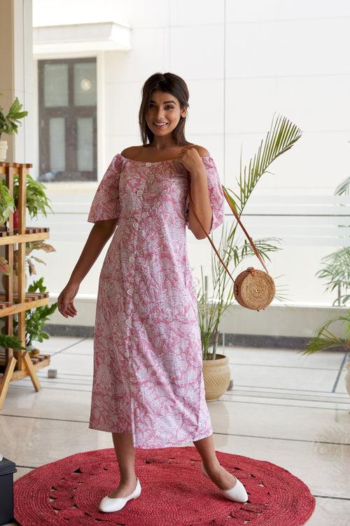 Cotton Pink Floral Printed Maxi Dress ( REGULAR SIZE)