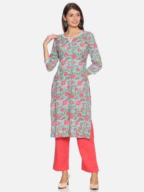 Cotton Blue Printed Floral Print Kurta