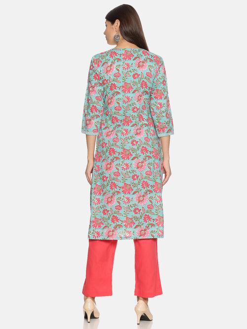 Cotton Blue Printed Floral Print Kurta