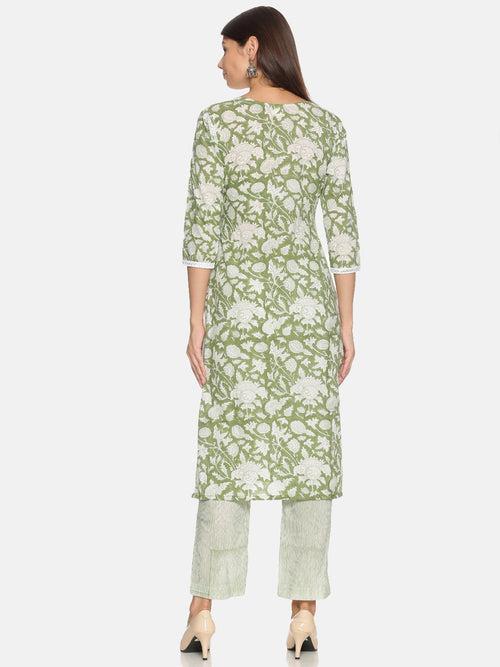 Cotton Green Floral Printed Kurta