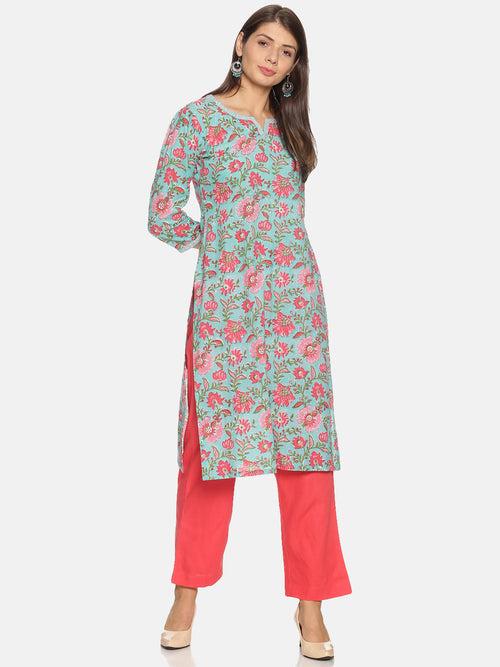 Cotton Blue Printed Floral Print Kurta