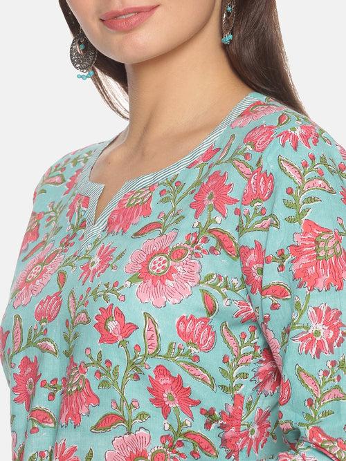 Cotton Blue Printed Floral Print Kurta