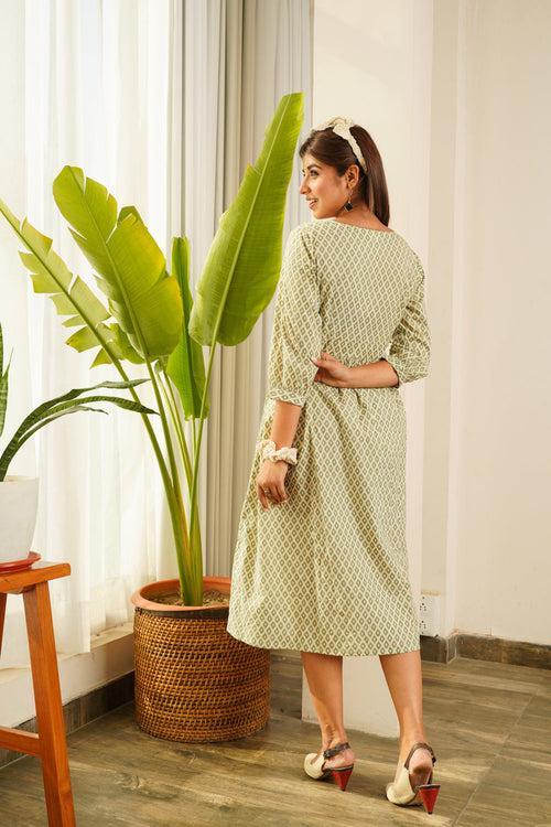 Katli Printed V-Neck Cotton Slit Dress- Regular Size