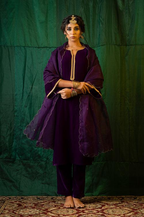 Purple Velvet Kurta Set-Regular Size