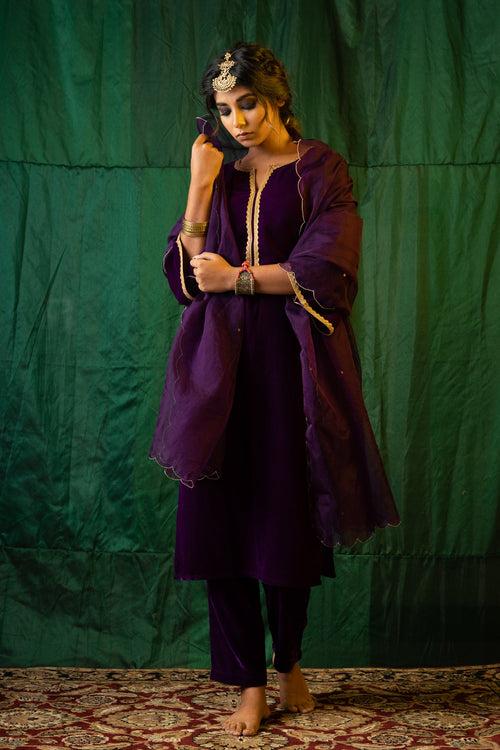 Purple Velvet Kurta Set-Regular Size