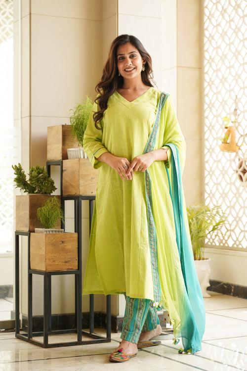 Lime Green Straight Kurta Suit Set(Set of 3)- Regular Size