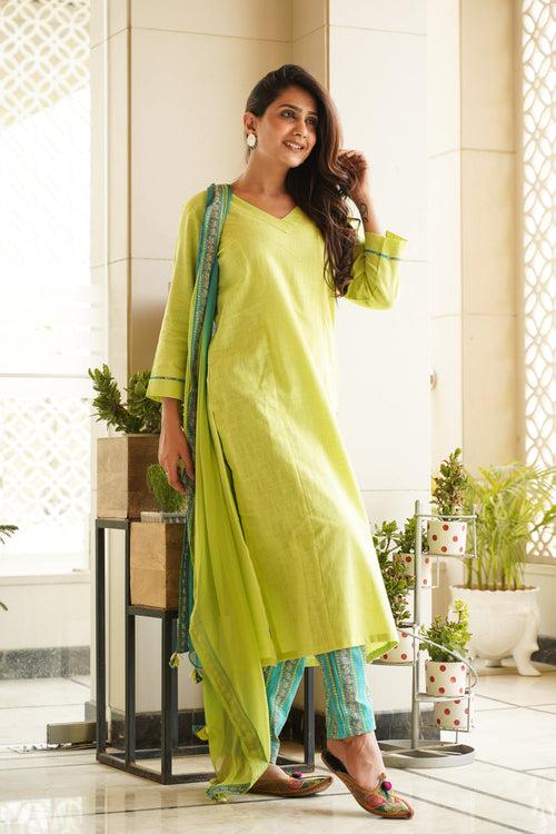 Lime Green Straight Kurta Suit Set(Set of 3)- Regular Size