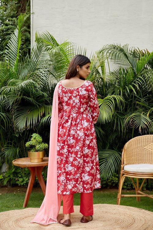Red Floral Anarkali Suit Set